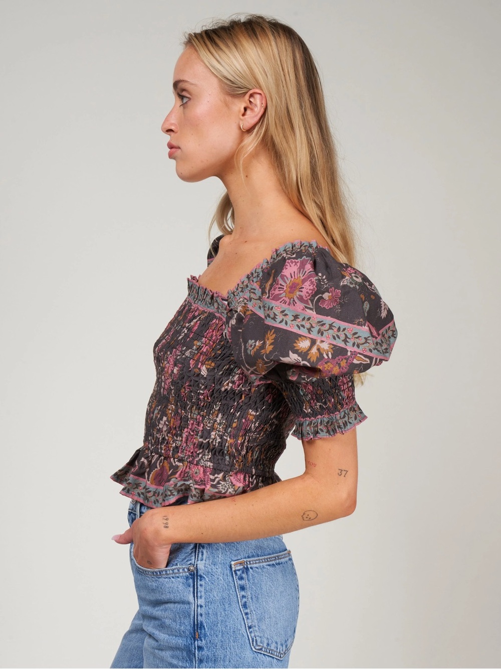 Sea New York Grey Pink Floral Smocked Puff-Sleeve Top XS